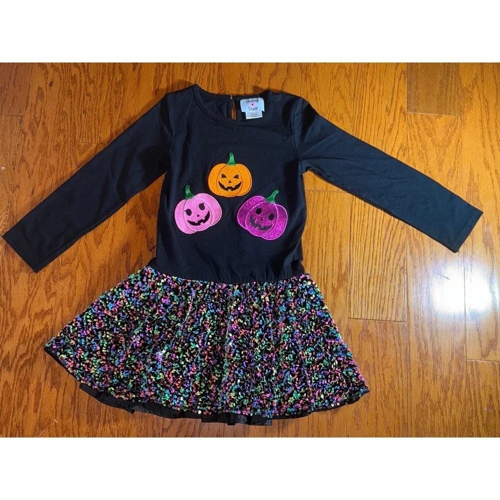 Counting Daises Halloween Neon Sequin & Embroidered Pink Pumpkin Dress M7/8